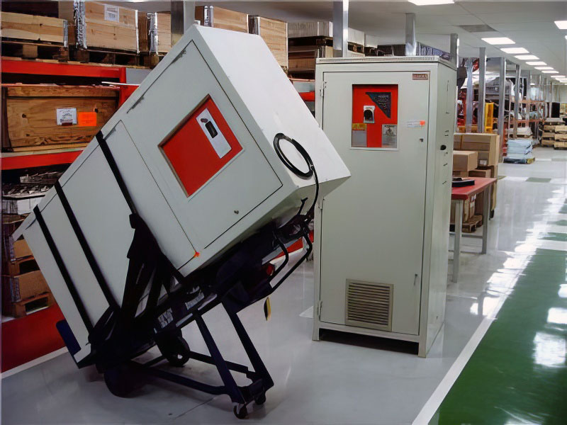 Heavy bank vault door being removed.