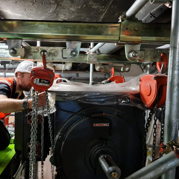 Specialist heavy lifting equipment used for controlled indoor moves